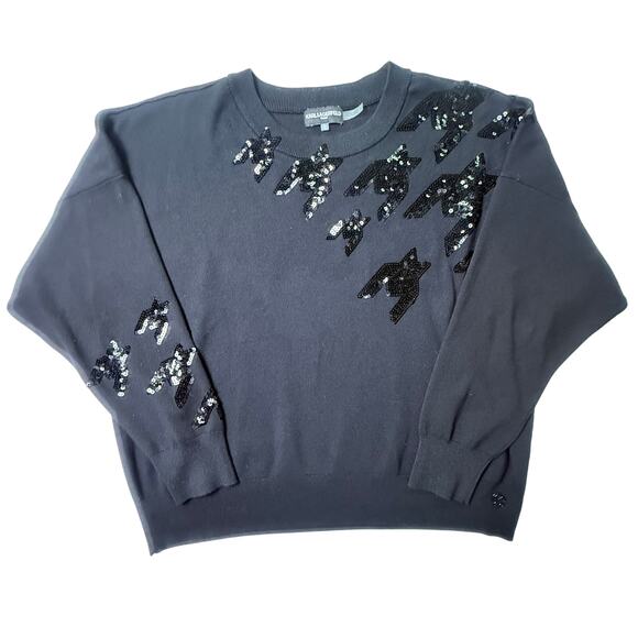 Karl Lagerfeld Paris Black Sequin Bird Sweater XL Knit Embellished Pullover - Picture 5 of 13